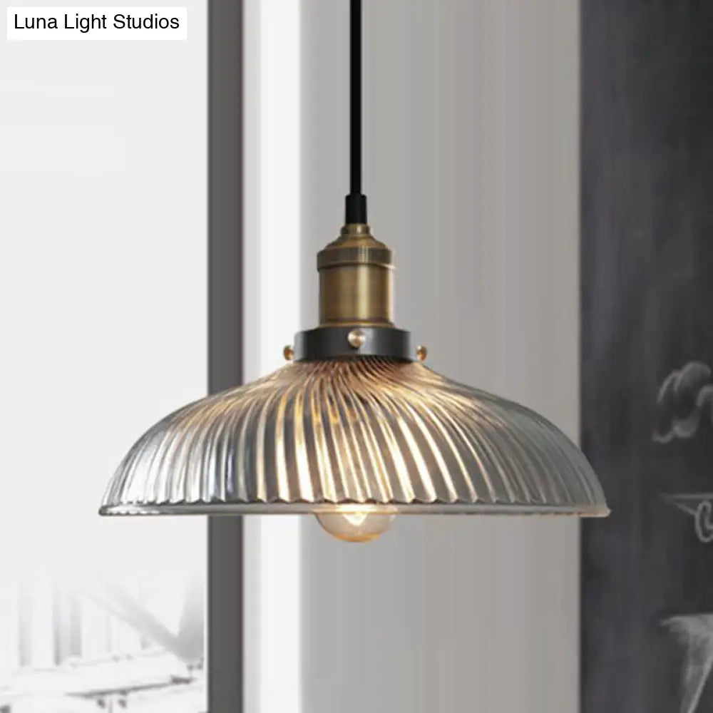 Industrial Dome-Shaped Ribbed Glass Pendant Light - 1-Light Ceiling Lamp For Coffee Shop In Brass