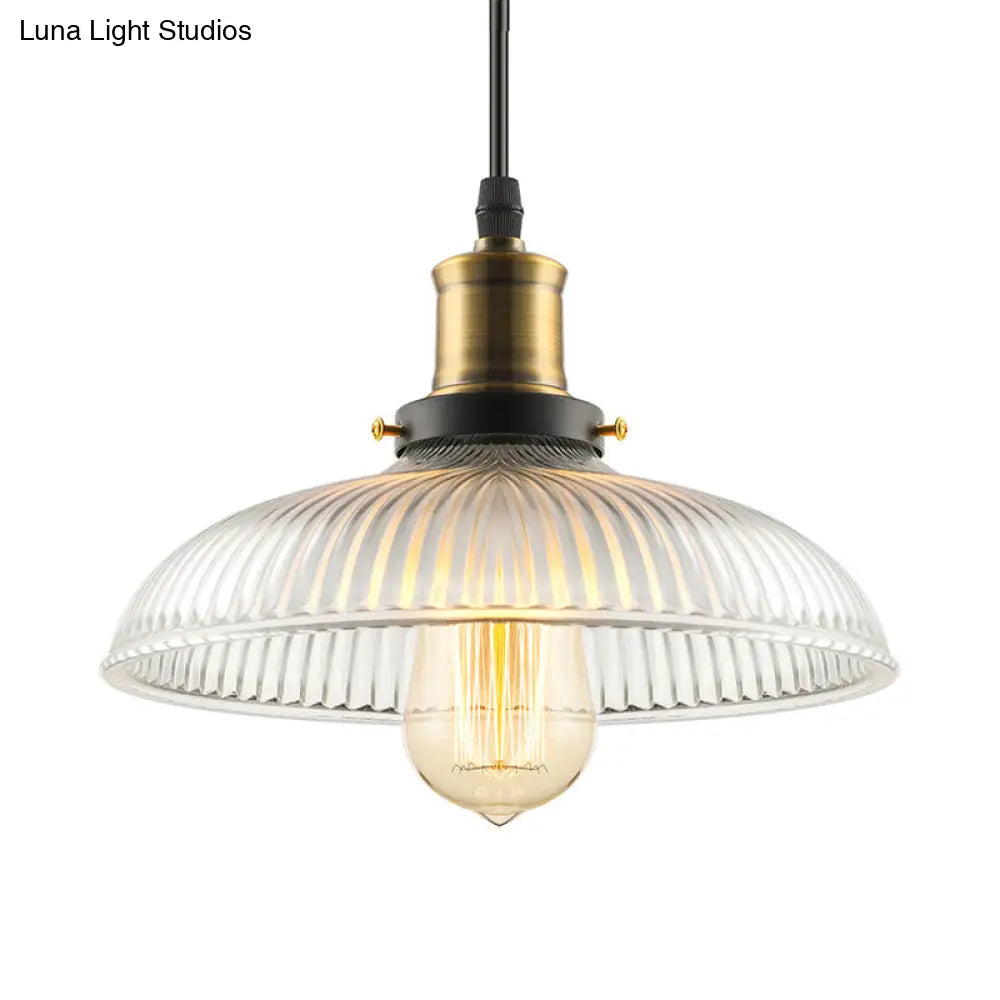 Industrial Dome-Shaped Ribbed Glass Pendant Light - 1-Light Ceiling Lamp For Coffee Shop In Brass