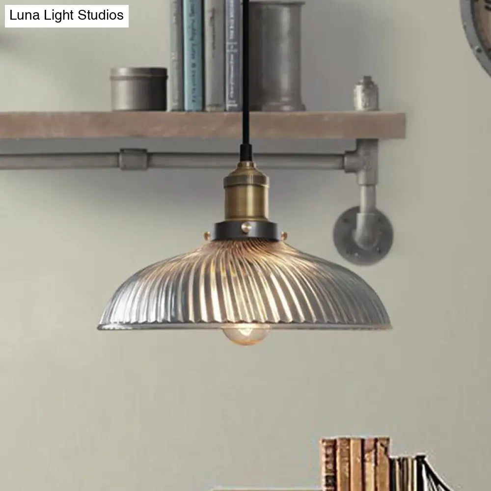 Industrial Dome-Shaped Ribbed Glass Pendant Light - 1-Light Ceiling Lamp For Coffee Shop In Brass