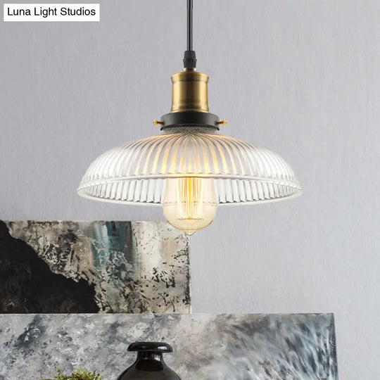 Industrial Dome-Shaped Ribbed Glass Pendant Light - 1-Light Ceiling Lamp For Coffee Shop In Brass