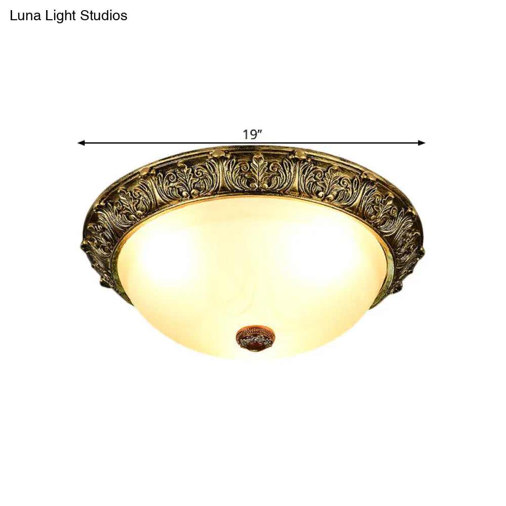 Dome Shaped Rustic Flush Mount Lighting With Opaline Glass In White/Brass - Available 11/15/19 Sizes