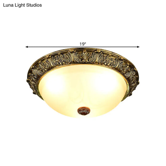 Dome Shaped Rustic Flush Mount Lighting With Opaline Glass In White/Brass - Available 11/15/19 Sizes