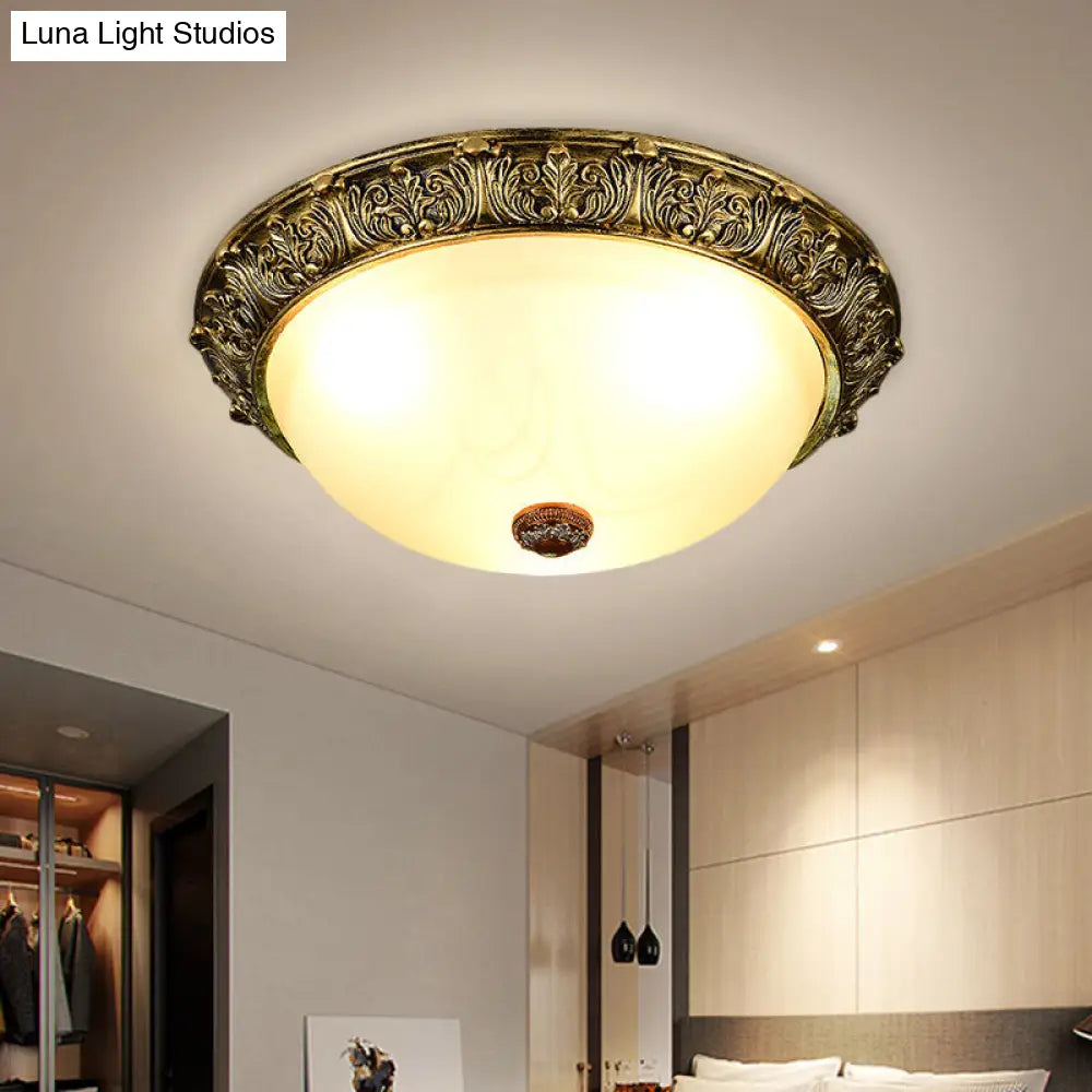 Dome Shaped Rustic Flush Mount Lighting With Opaline Glass In White/Brass - Available 11/15/19 Sizes