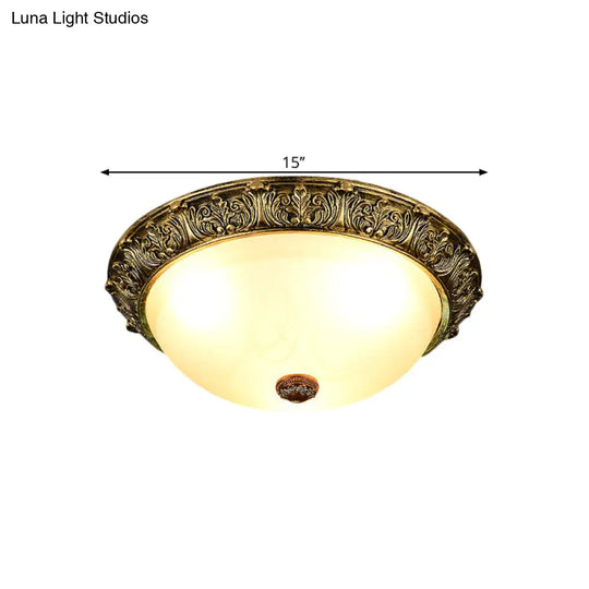 Dome Shaped Rustic Flush Mount Lighting With Opaline Glass In White/Brass - Available 11/15/19 Sizes