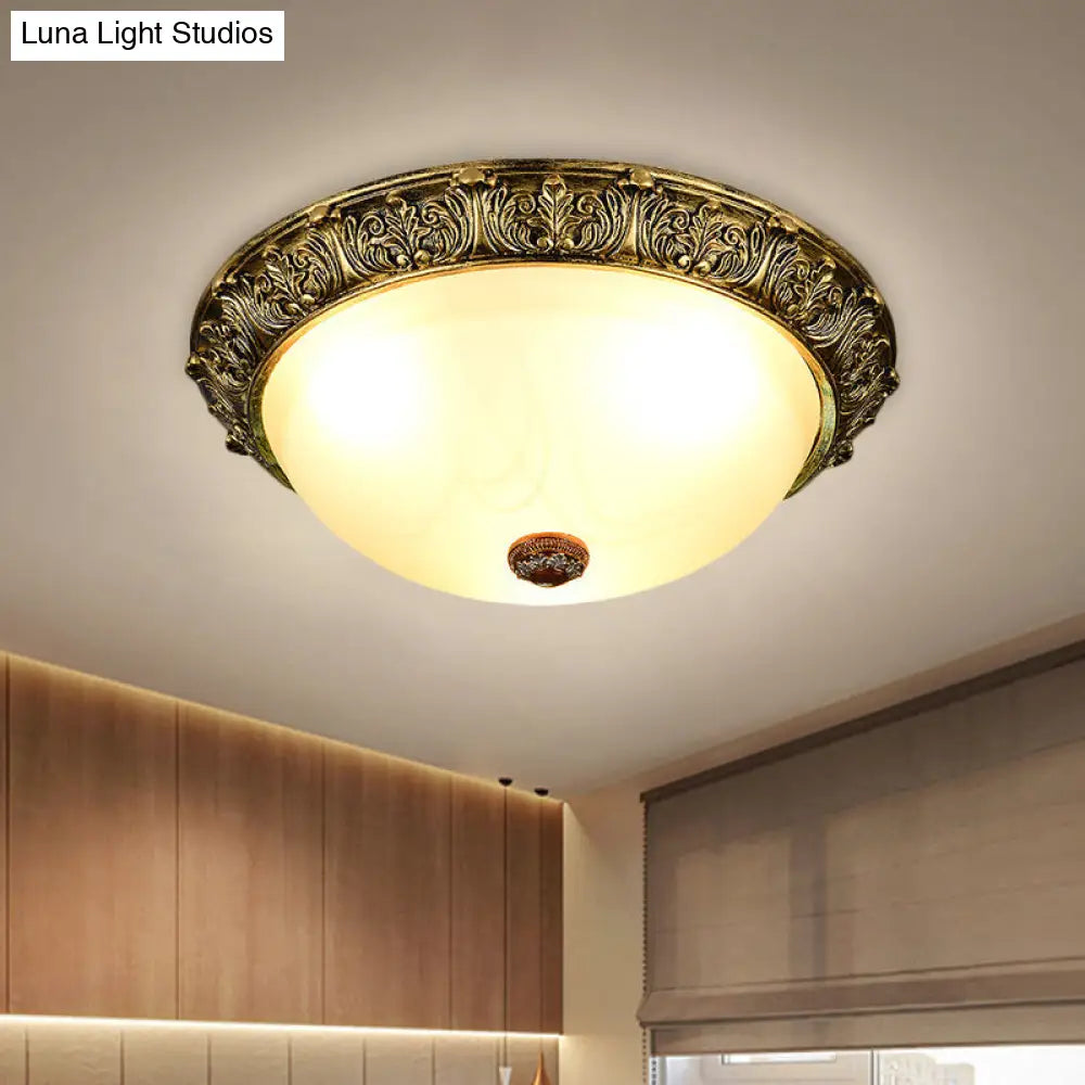 Dome Shaped Rustic Flush Mount Lighting With Opaline Glass In White/Brass - Available 11/15/19 Sizes