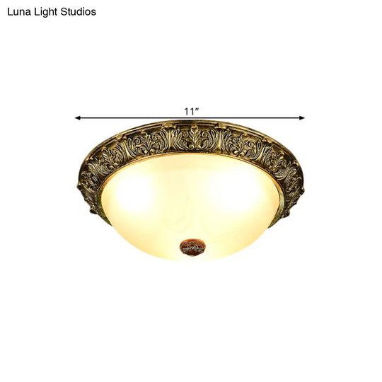 Dome Shaped Rustic Flush Mount Lighting With Opaline Glass In White/Brass - Available