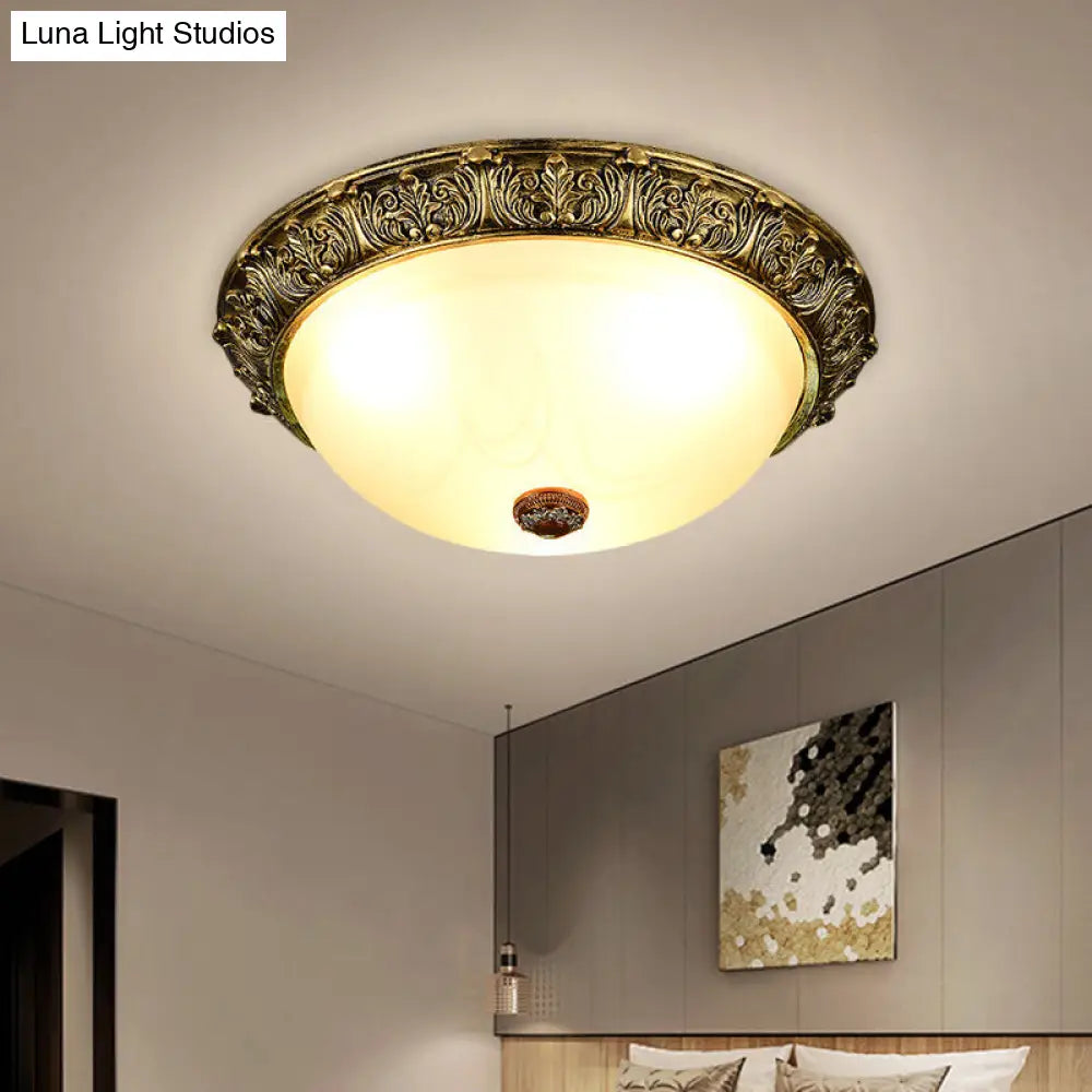 Dome Shaped Rustic Flush Mount Lighting With Opaline Glass In White/Brass - Available 11/15/19 Sizes