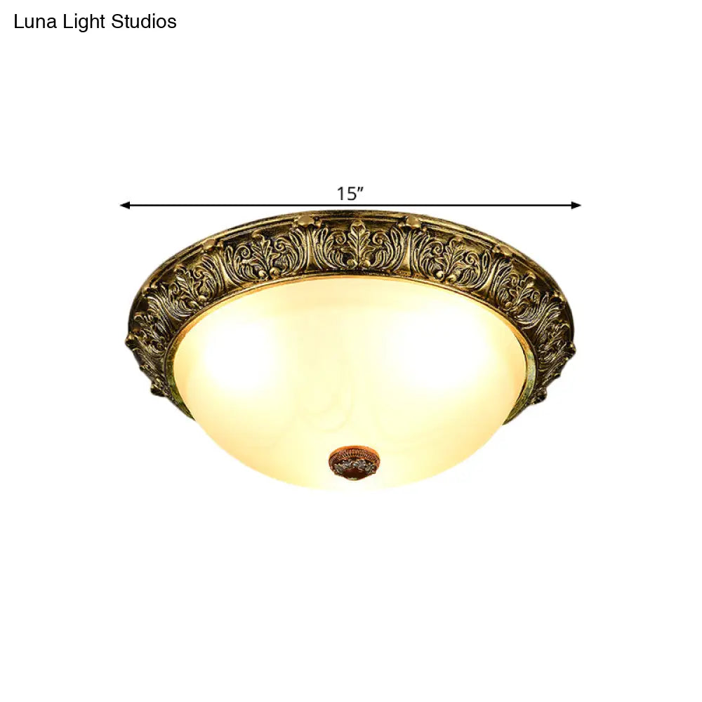 Dome Shaped Rustic Flush Mount Lighting With Opaline Glass In White/Brass - Available