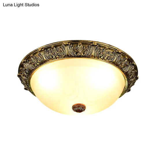 Dome Shaped Rustic Flush Mount Lighting With Opaline Glass In White/Brass - Available 11/15/19 Sizes