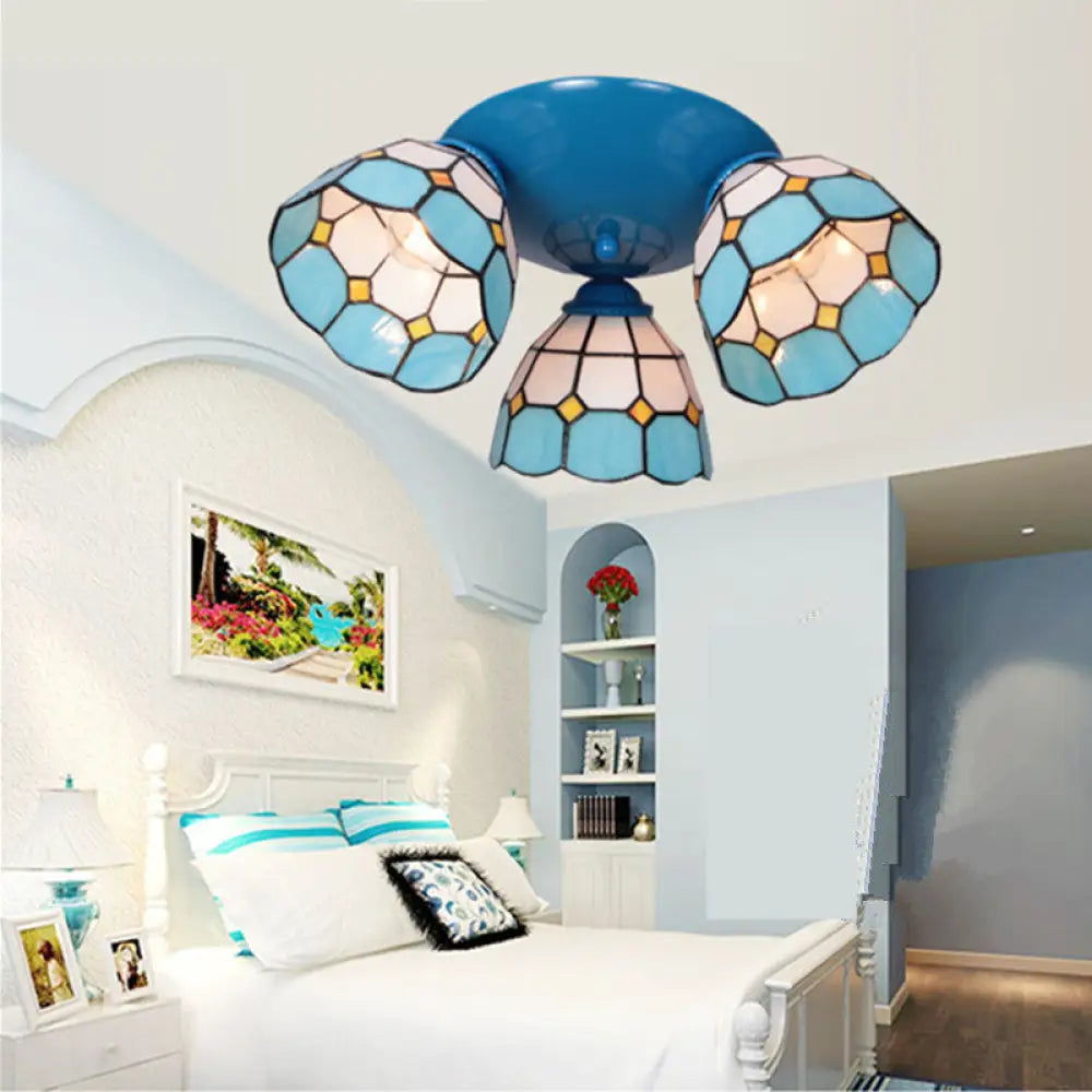 Dome-Shaped Stained Glass Ceiling Light With 3 Lights - Tiffany Style (Blue/Black Finish) Blue