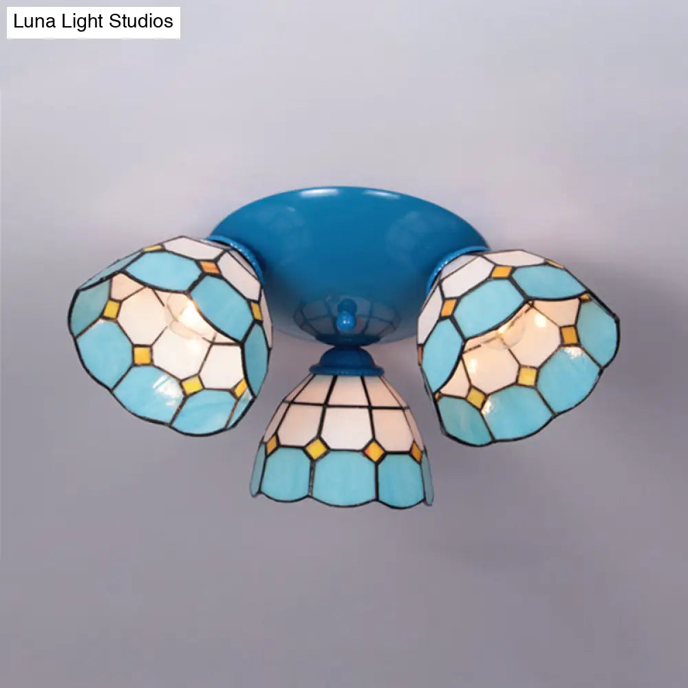 Dome-Shaped Stained Glass Ceiling Light With 3 Lights - Tiffany Style (Blue/Black Finish)