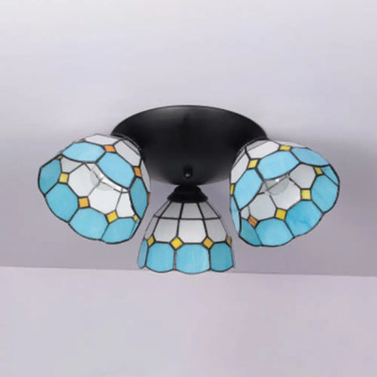 Dome-Shaped Stained Glass Ceiling Light With 3 Lights - Tiffany Style (Blue/Black Finish) Black