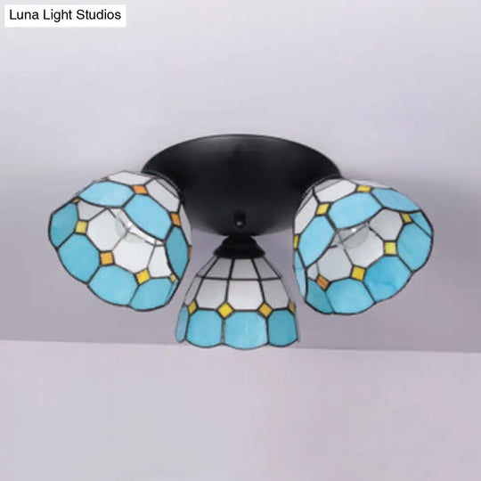 Dome-Shaped Stained Glass Ceiling Light With 3 Lights - Tiffany Style (Blue/Black Finish) Black