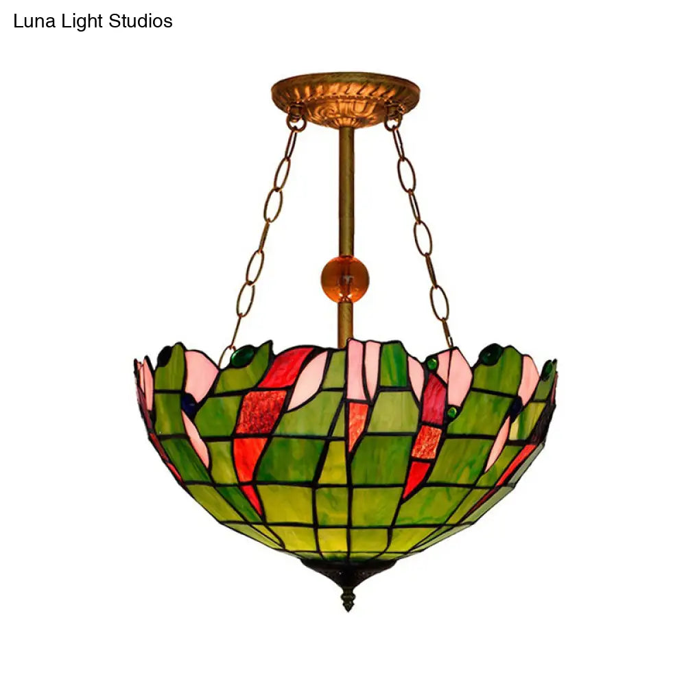 Dome-Shaped Stained Glass Semi Flush Light - Retro Style For Dining Room (16’ W 1 Light)