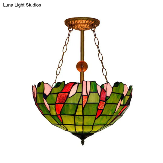 Dome-Shaped Stained Glass Semi Flush Light - Retro Style For Dining Room (16’ W 1 Light)