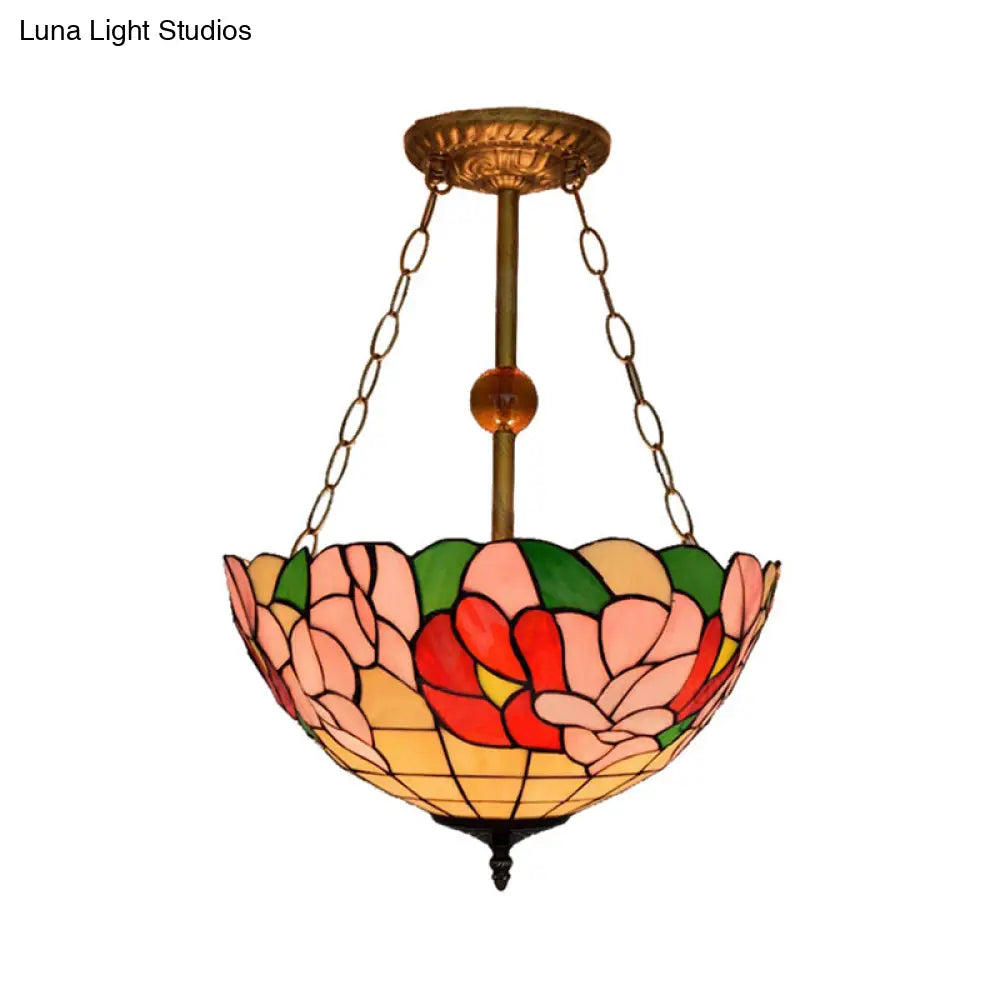 Dome-Shaped Stained Glass Semi Flush Light - Retro Style For Dining Room (16’ W 1 Light)