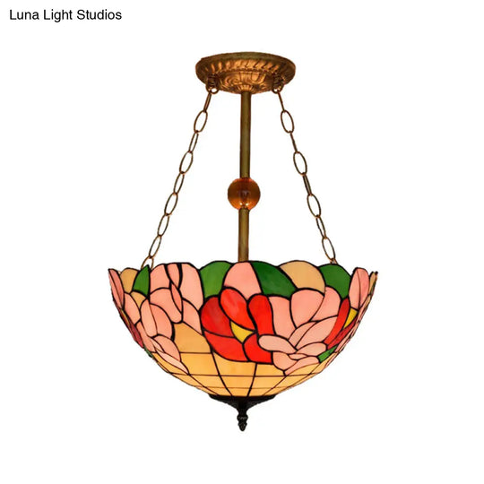 Dome-Shaped Stained Glass Semi Flush Light - Retro Style For Dining Room (16’ W 1 Light)