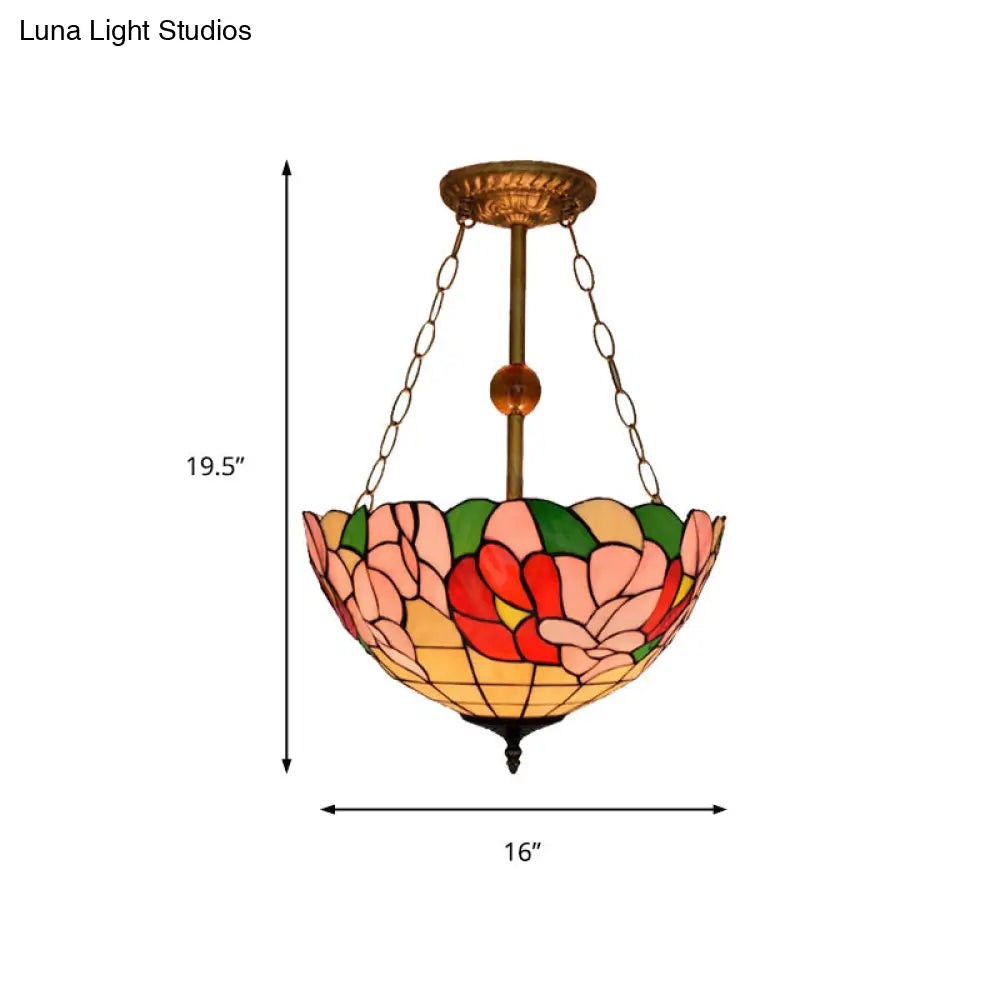 Dome-Shaped Stained Glass Semi Flush Light - Retro Style For Dining Room (16’ W 1 Light)