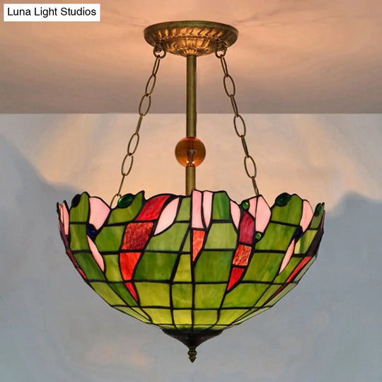 16 Retro Style Stained Glass Semi Flush Mount Light For Dining Room Green /