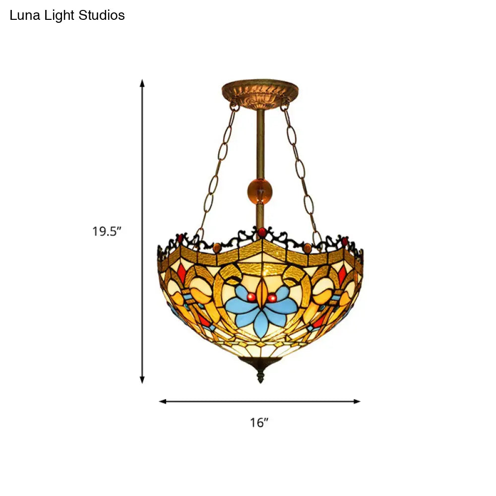 Dome-Shaped Stained Glass Semi Flush Light - Retro Style For Dining Room (16’ W 1 Light)