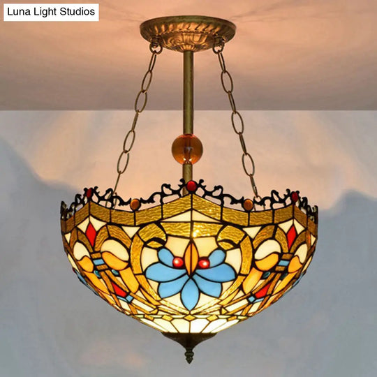 16 Retro Style Stained Glass Semi Flush Mount Light For Dining Room Gold /