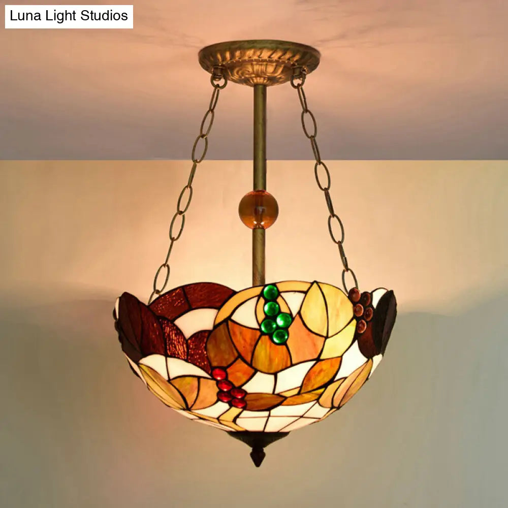 16 Retro Style Stained Glass Semi Flush Mount Light For Dining Room Beige /