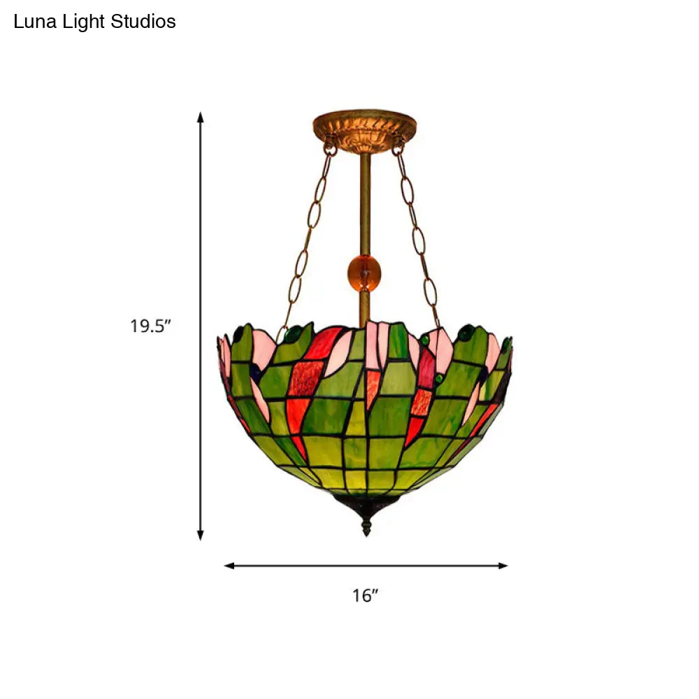 Dome-Shaped Stained Glass Semi Flush Light - Retro Style For Dining Room (16’ W 1 Light)