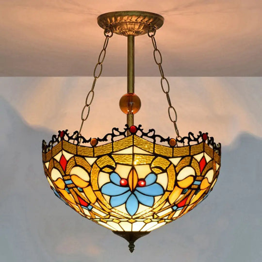 Dome-Shaped Stained Glass Semi Flush Light - Retro Style For Dining Room (16’ W 1 Light) Gold / 16’