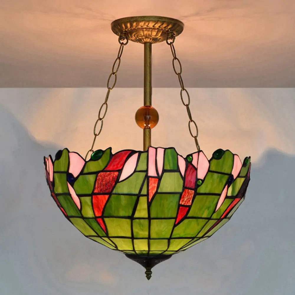 Dome-Shaped Stained Glass Semi Flush Light - Retro Style For Dining Room (16’ W 1 Light) Green / 16’