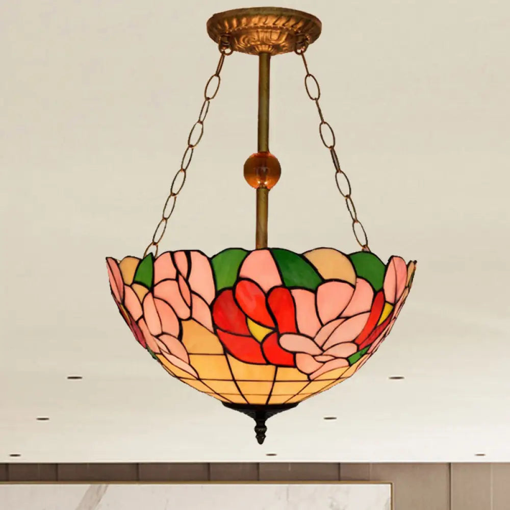 Dome-Shaped Stained Glass Semi Flush Light - Retro Style For Dining Room (16’ W 1 Light) Red-Pink