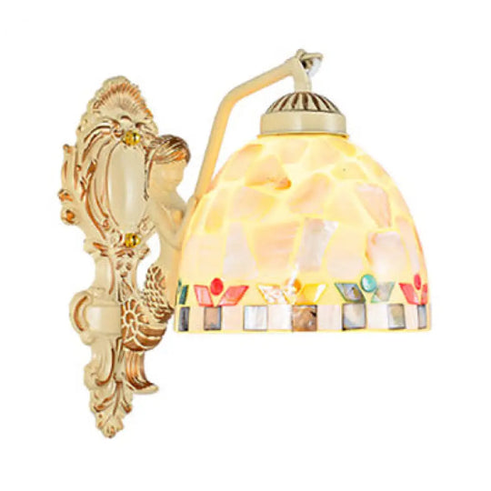 Dome Shell Tiffany Mosaic Wall Light With Floral/Square Detail - Beige Bedroom Lighting / Square