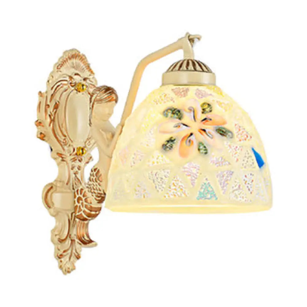 Dome Shell Tiffany Mosaic Wall Light With Floral/Square Detail - Beige Bedroom Lighting / Flower