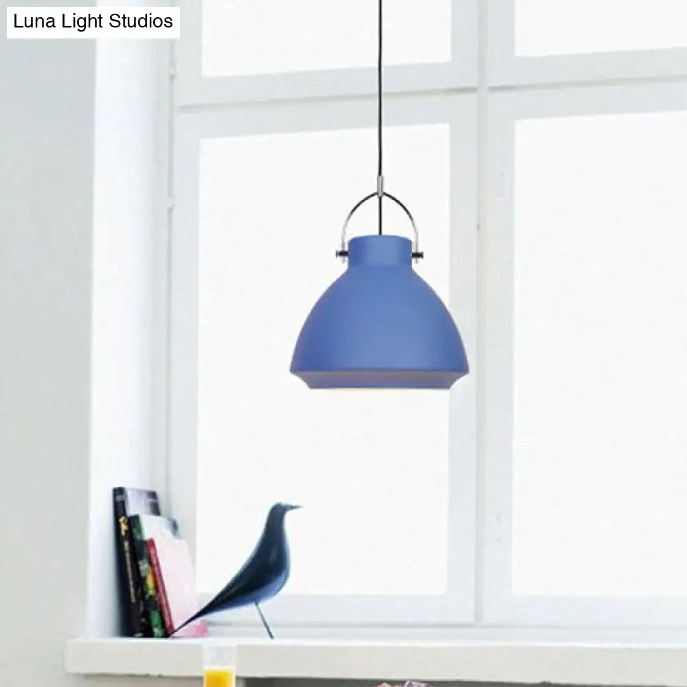 Macaron Dome Suspended Pendant Light - 10/14 Metallic Fixture With Handle Black/Blue For Dining