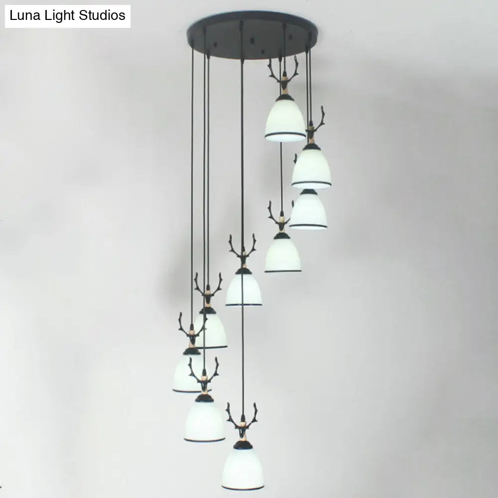 Contemporary Dome Stairs Swirl Pendant Light In Black With Opal Glass Accent Stylish Hanging