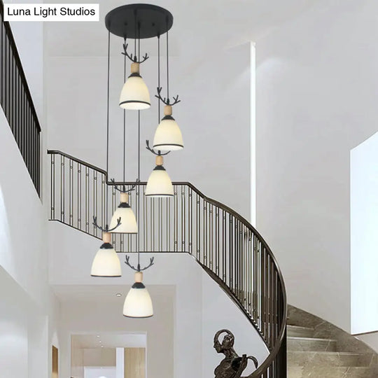 Contemporary Dome Stairs Swirl Pendant Light In Black With Opal Glass Accent Stylish Hanging