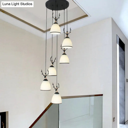 Contemporary Dome Stairs Swirl Pendant Light In Black With Opal Glass Accent Stylish Hanging