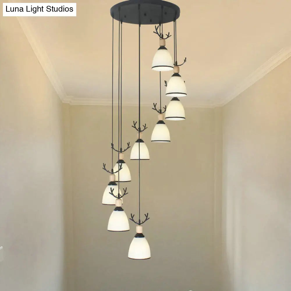 Contemporary Dome Stairs Swirl Pendant Light In Black With Opal Glass Accent Stylish Hanging