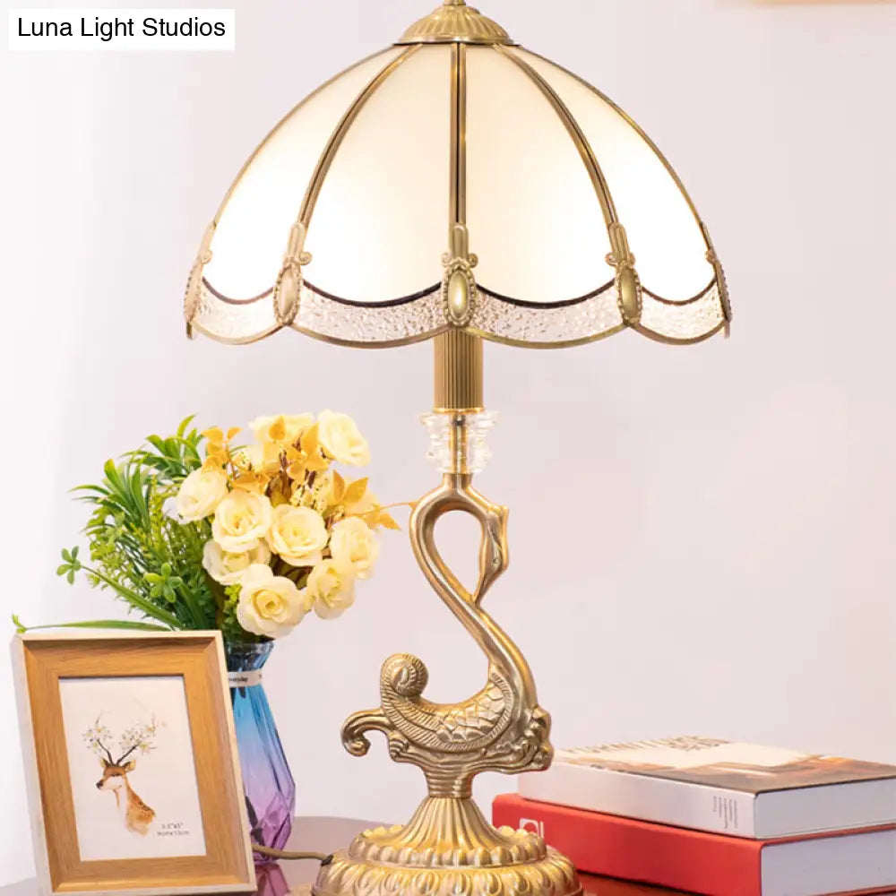 Dome Table Lamp: Classic 1-Head White Glass Nightstand Light With Bird Decoration In Brass