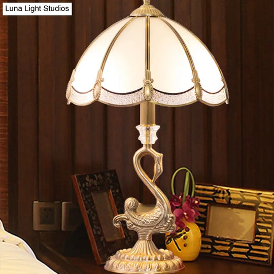 Dome Table Lamp: Classic 1-Head White Glass Nightstand Light With Bird Decoration In Brass