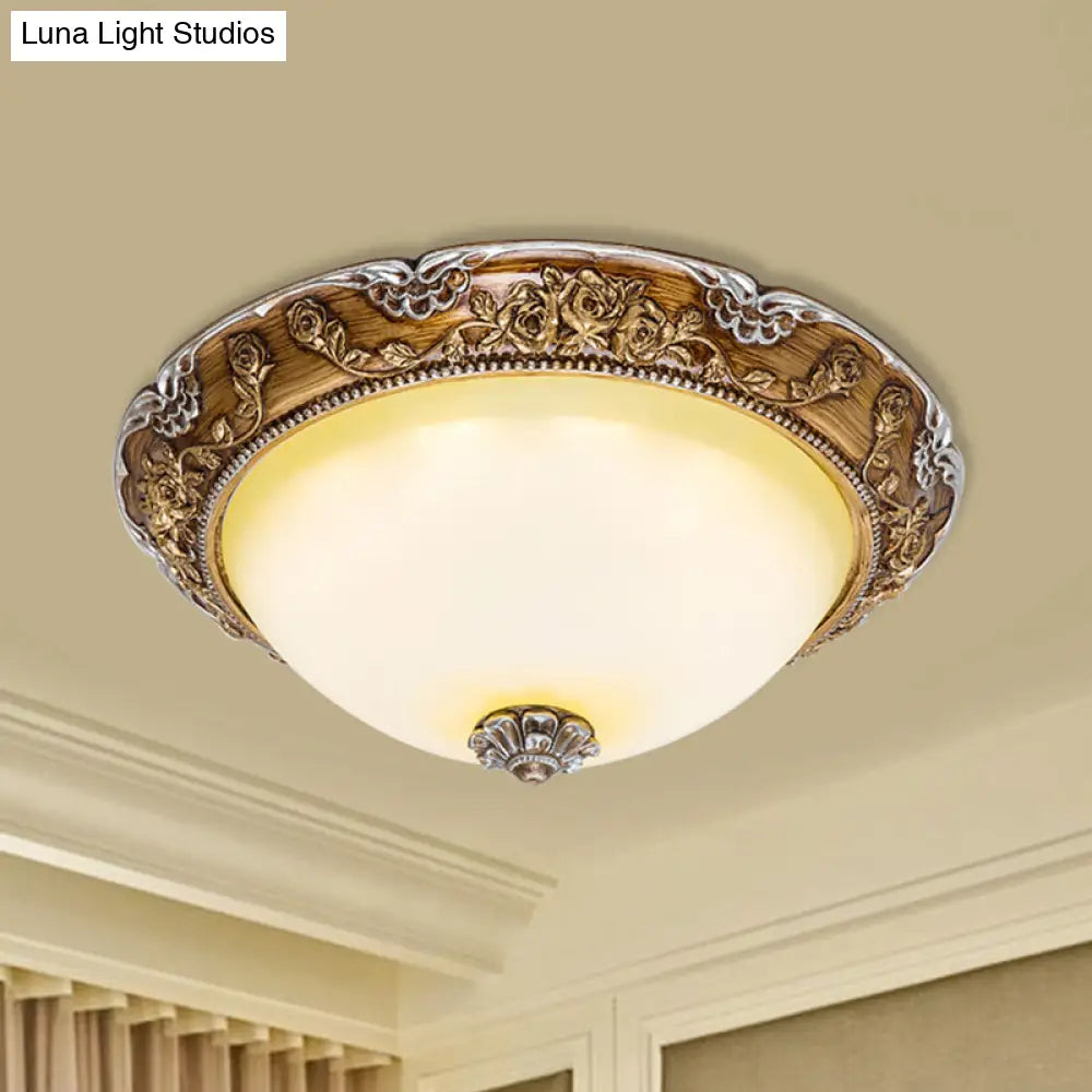 Dome Tan Glass Shade Flush Ceiling Light Fixture Led Bedroom Lamp In Brown - Traditional Style