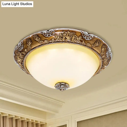 Dome Tan Glass Shade Flush Ceiling Light Fixture Led Bedroom Lamp In Brown - Traditional Style