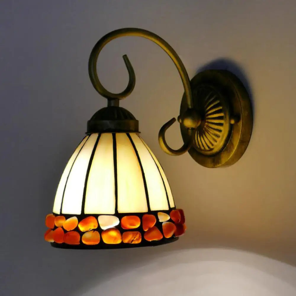 Dome Tiffany Stained Glass Sconce Light With Stone Deco - Elegant Wall Lighting Idea Beige/Green