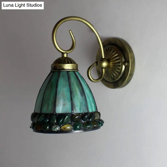 Dome Tiffany Stained Glass Sconce Light With Stone Deco - Elegant Wall Lighting Idea Beige/Green