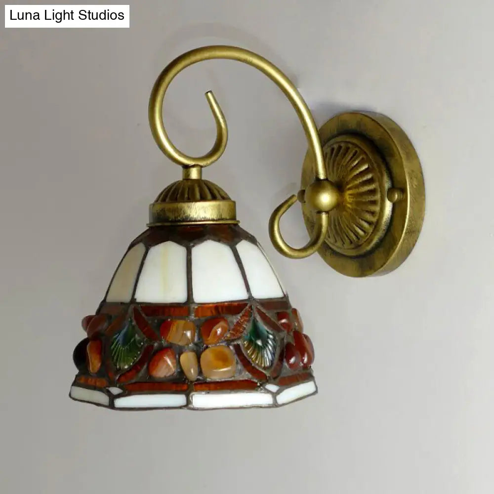 Dome Tiffany Stained Glass Sconce Light With Stone Deco - Elegant Wall Lighting Idea Beige/Green