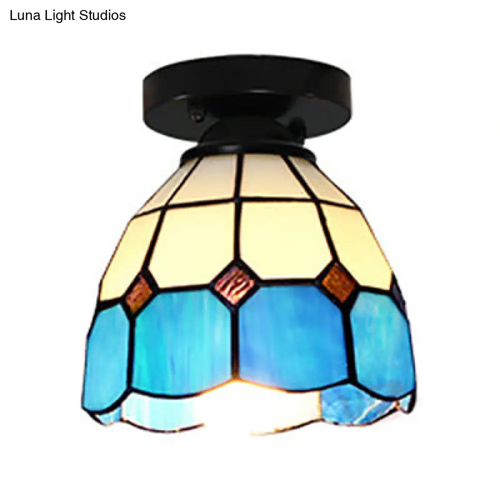 Tiffany Style Stained Glass Dome Ceiling Light For Corridor - White/Blue/Clear Shade Flush Mount