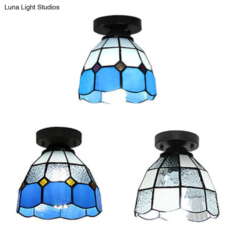 Tiffany Style Stained Glass Dome Ceiling Light For Corridor - White/Blue/Clear Shade Flush Mount