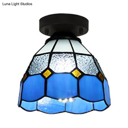 Tiffany Style Stained Glass Dome Ceiling Light For Corridor - White/Blue/Clear Shade Flush Mount