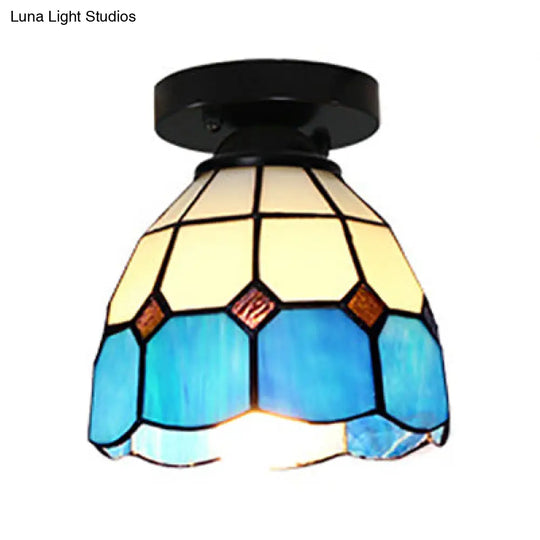 Dome Tiffany Style Stained Glass Ceiling Light With 1 - White/Blue/Clear For Corridor