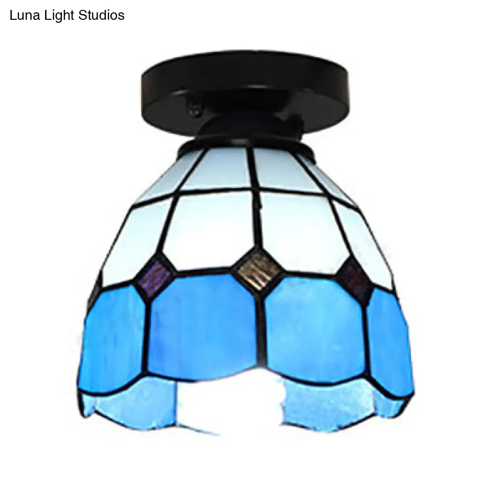 Tiffany Style Stained Glass Dome Ceiling Light For Corridor - White/Blue/Clear Shade Flush Mount