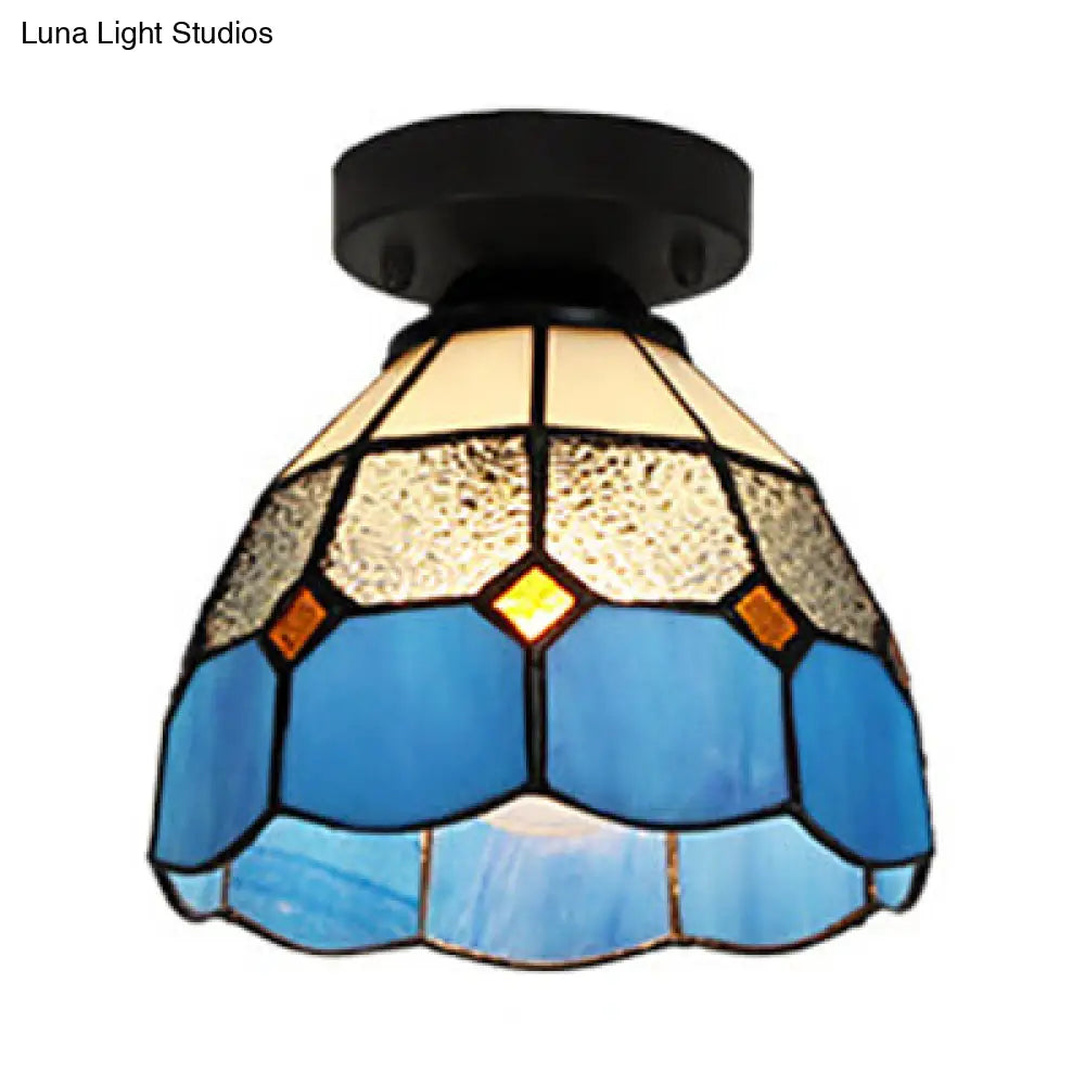 Tiffany Style Stained Glass Dome Ceiling Light For Corridor - White/Blue/Clear Shade Flush Mount